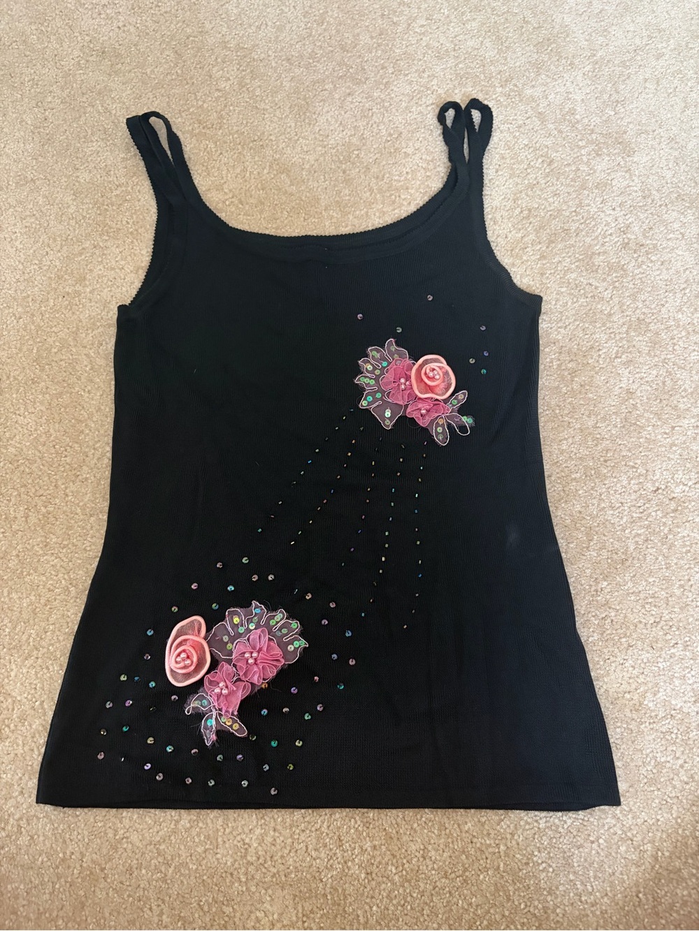 Black Floral Appliqué Tank Top with Sequin Detail